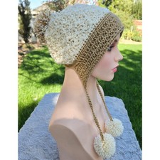 Handmade Crochet Earflap Winter Hat with Pom Poms - Sparkly Champagne Beanie