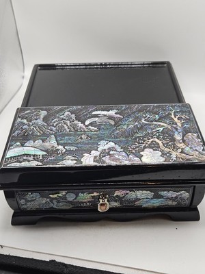 Vintage Korean Or Japan Black Lacquer Box With Mother Of Pearl Inlay