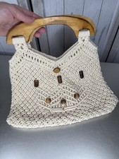 VTG 70s Ivory Crochete Macrame Wood Bead Knit HandBag Bag