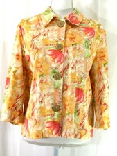 COLDWATER CREEK jacket PETITE X-LARGE orange pink floral 3/4 sleeve buttons J942