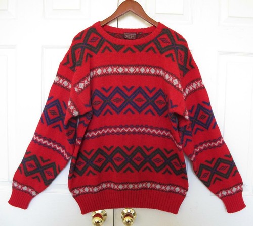 CHAPS Ralph Lauren Men's Sweater L Fair Isle Shetland Wool Red Green Christmas - Picture 2 of 8