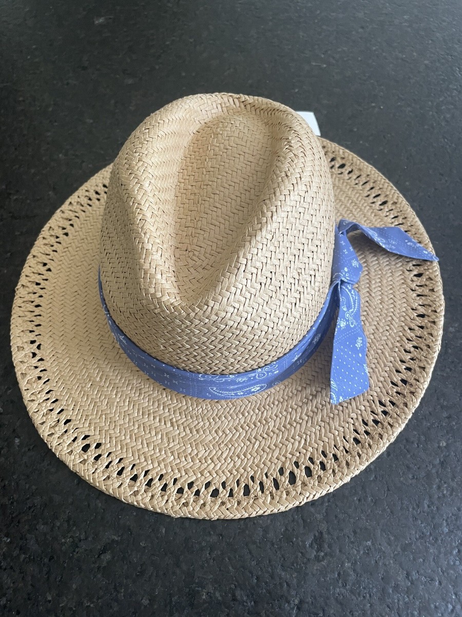 Steve Madden Straw Fedora Hat Natural Braided Paisley Blue  display picture 3