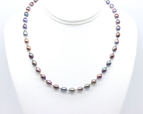 Blue Rainbow Peacock Freshwater Pearl Necklace, 6x8 mm Rice Pearl & Silver Bead - Picture 1 of 6