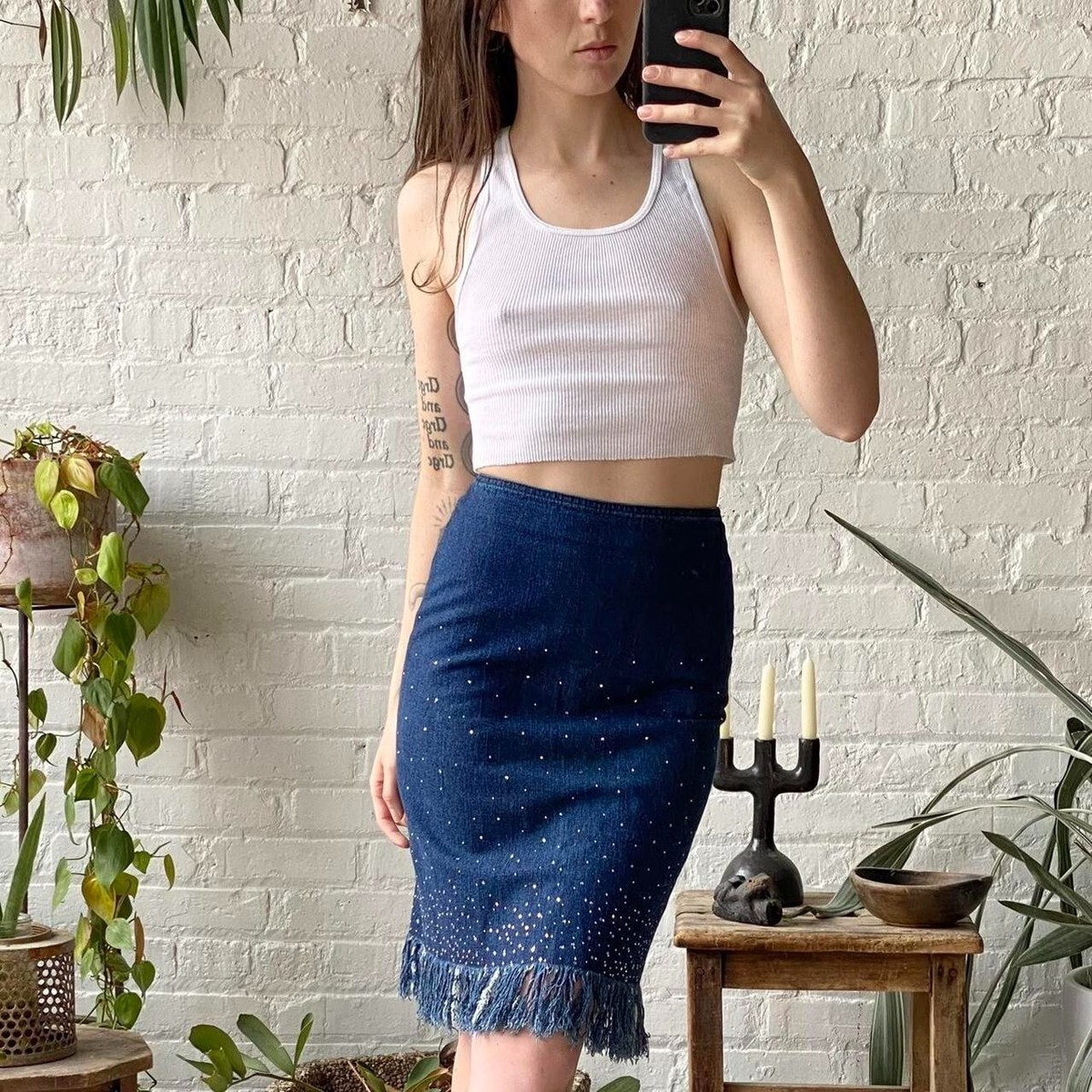 Fendi Jeans vintage 90s/y2k denim midi/mini skirt with fringe and  