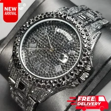 MISSFOX Men's Fully Ice Watch Black Diamond Waterproof Stainless Steel Gift NEW