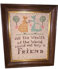 Vintage Framed Cross Stitch Friendship Wall Art / Friendship Needle Point
