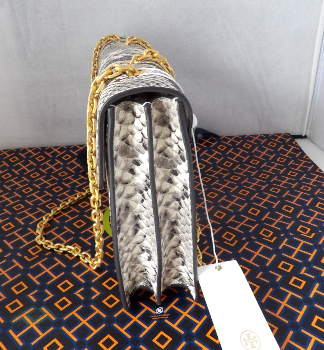 Borsa in pelle nuova con etichette autentica TORY BURCH GEMINI LINK catena stampa serpente in rilievo med