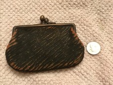 BLACK Real LEATHER Small COIN PURSE Wallet Change Bag / Antique 3-1/2x2-1/2  