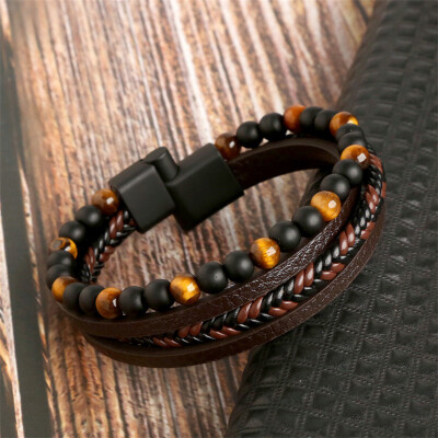 KAIYIDAN Men's Genuine Leather Bracelet With Tree Of Life & Tiger Eye Bead - Adjustable, Gift Box, Medium Size