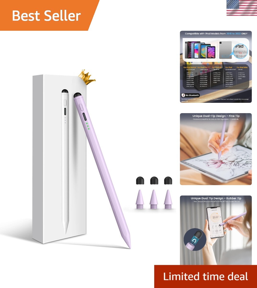 Dual-Tip Purple iPad Stylus with Quick Charge for Artists & Creatives