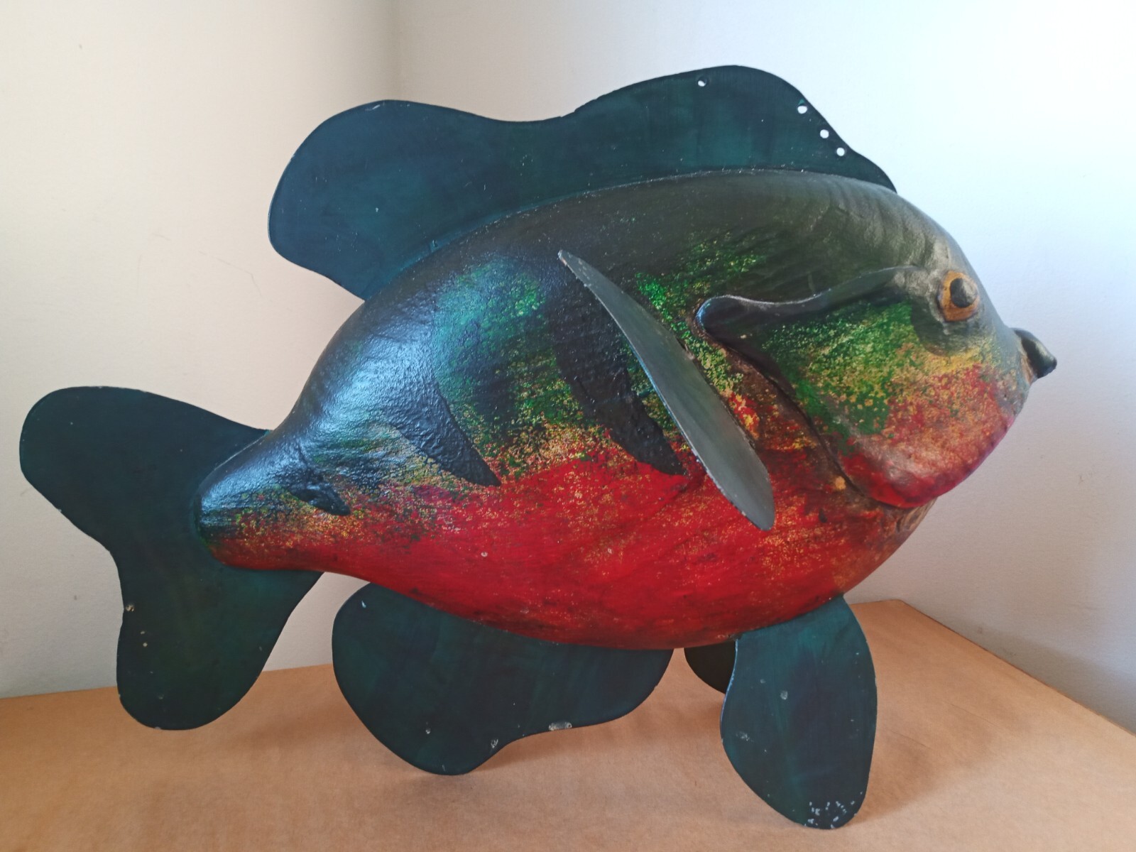 Vtg Carved Wooden Spearing Fish Sunfish Decoy P. Campbell Folk art 18"