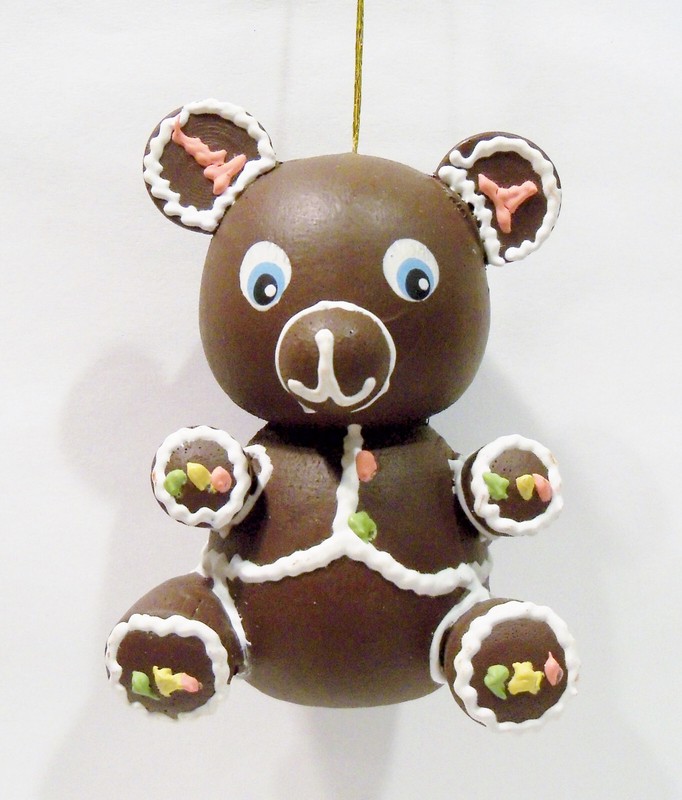 Teddy Bear Faux Chocolate Candy Iced Decorated Gingerbread Wooden Wood Ornament