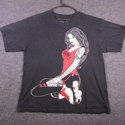 Y2K Fatal Clothing Shirt Mens XL Black Roller Derby Tattoo Pin Up Graphic Tee