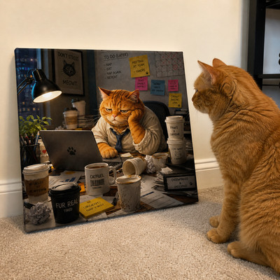 Funny Office Cat Canvas Wall Art, Tired Orange Tabby Poster, Overworked Co-worke