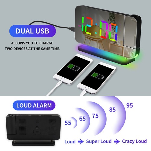 USB LED Digital Projection Alarm Clock with 180° Rotatable Projector,Dual Alarms - Picture 26 of 64