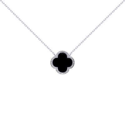 Silber Jewelco London Kleeblatt Onyx CZ Heiligenschein Glücksbringer Anhänger Halskette 16-18 Zoll