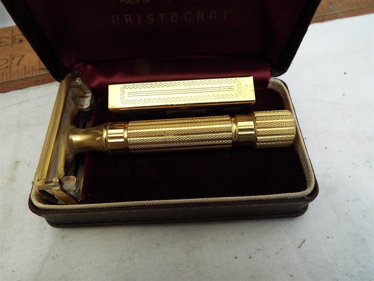 Vintage Gillette Gold Tone Aristocrat Safety Razor with Case Blade