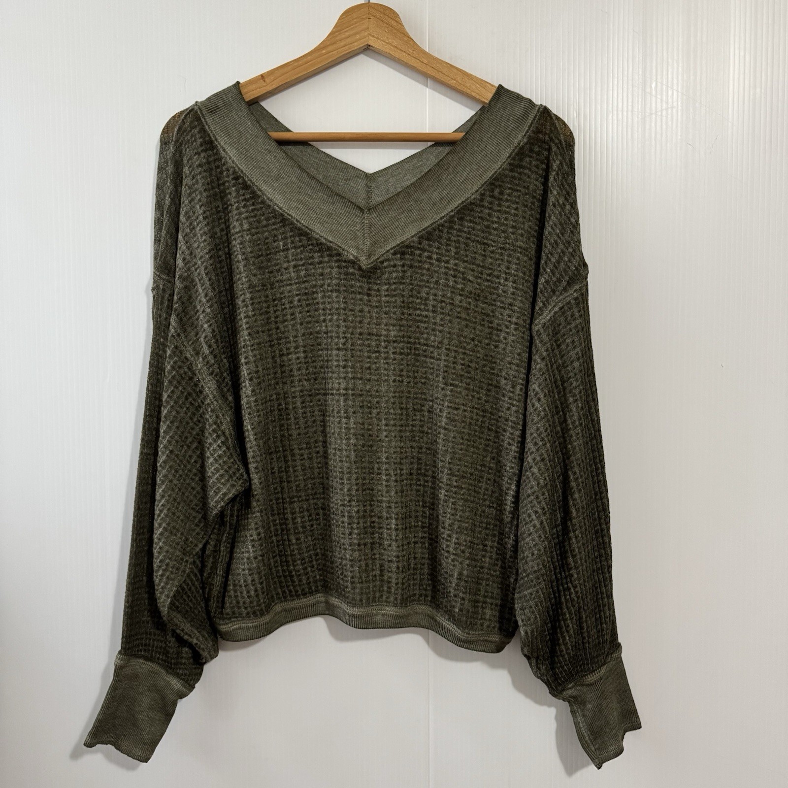 Free People Oversized Army Olive Green South Side Thermal Waffle Top Women's XS