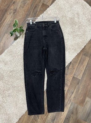 American Eagle 2 Black Distressed Whiskered High-Rise Cropped Mom Straight Jeans