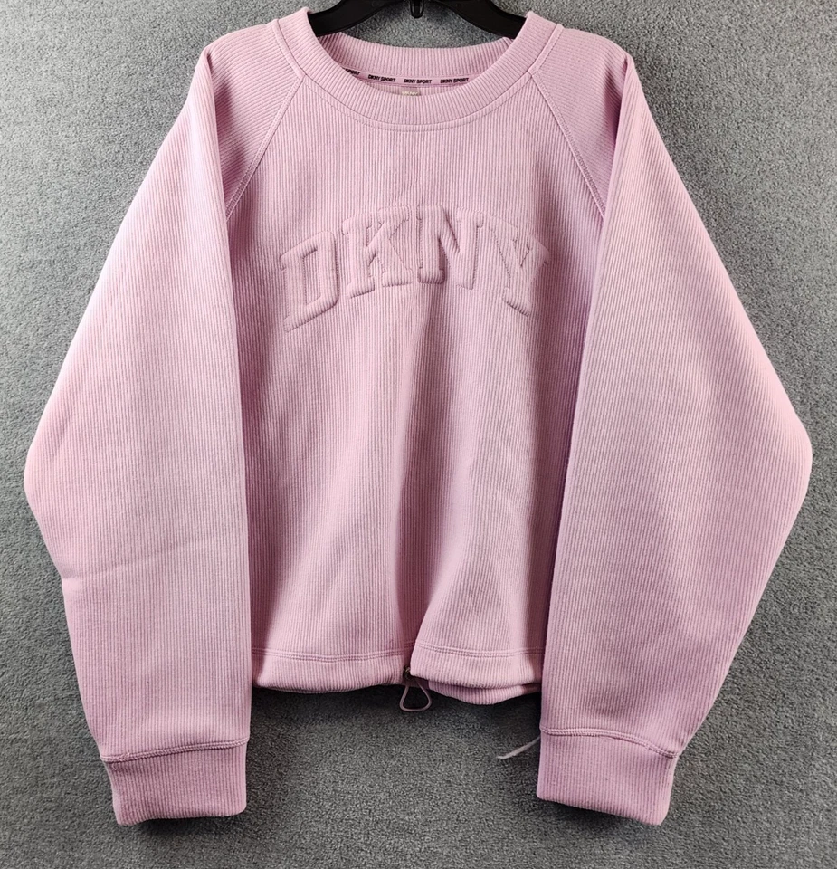 Sudadera DKNY Sport Varsity Logo Hinchado Cordón Para Mujer L Rosa Laven Pullover Foto 2 de 4