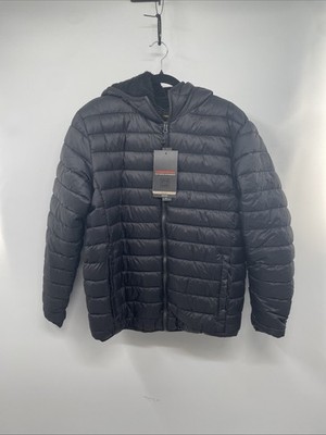Hawke & Co Pro Puffer Jacket Men Medium Black Faux Fur Lined Full Zip Hooded NWT