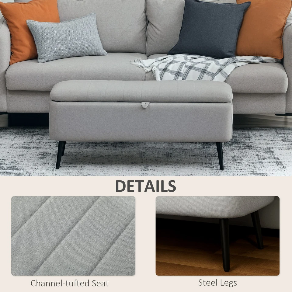 HOMCOM Storage Ottoman Bench, Linen-feel Footstool with Steel Legs, Grey - Image 4 of 4