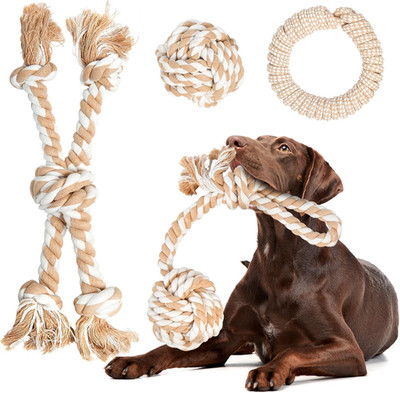 Heavy Duty Dog Rope Toys for Aggressive Chewers 4Pcs Pack   Natural Cotton Dog C