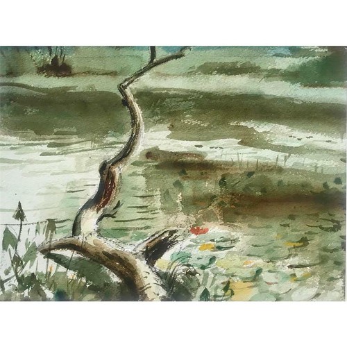 Vintage American Impressionist Watercolor Painting of a Lake by Harry Barton - Picture 4 of 6