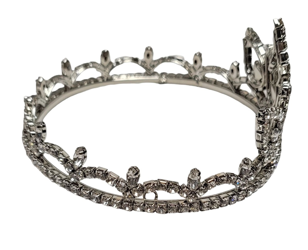 Vintage Silver Tone Crown Tiara with Clear Faceted Prong Set Crystals Continental Contoured Rhinestone Crown Tiara (Adjustable  main image 3