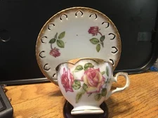 Vintage Footed Tea cup and Saucer Floral Design Gold Trim Reticulated Saucer 75C