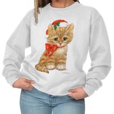 Adorable Kitten Santa Claus Holiday Xmas Gift Womens Long Sleeve Crew Sweatshirt
