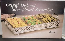 Vintage  Crystal Dish & Silverplated Server Set Original Box 3 Sections