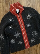 Vintage Classic Unisex Snowflake Zip Ugly Christmas Sweater Gray Red L