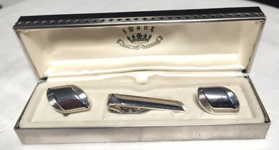 SALE MEN'S VINTAGE SWANK Cuff Links Tie Clip Set Original Box Silvertone  Shiny