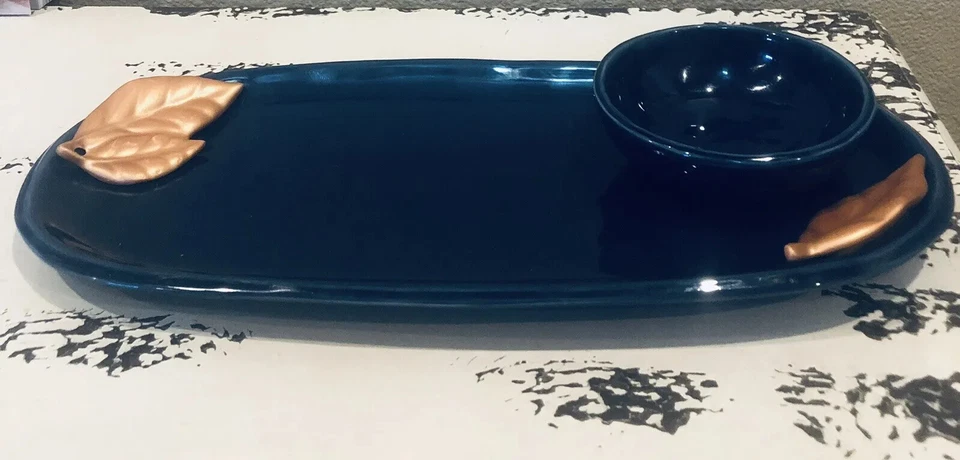 * New* Grasslands Road Serving Tray W/ Dip Bowl Dark Blue Copper Leaves 13” - Image 2 of 4