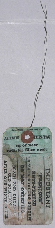 tag, paper/wire vintage collectible Prestone antifreeze, form E1222,  automotive
