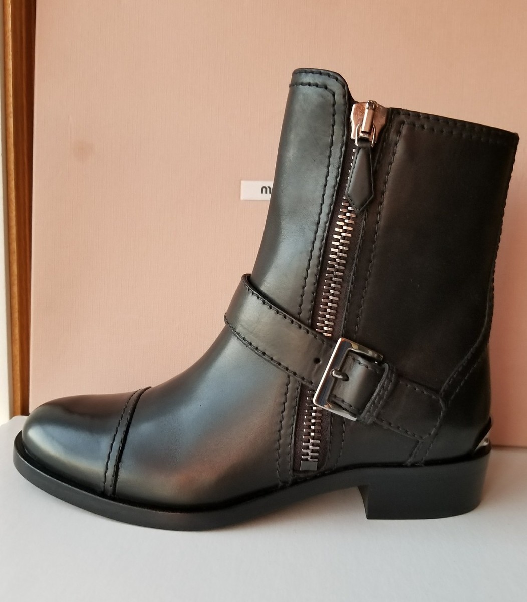 MIU MIU RARE DOUBLE ZIPPER LOGO PLATE MOTO BIKER BOOTS 36.5 40 42