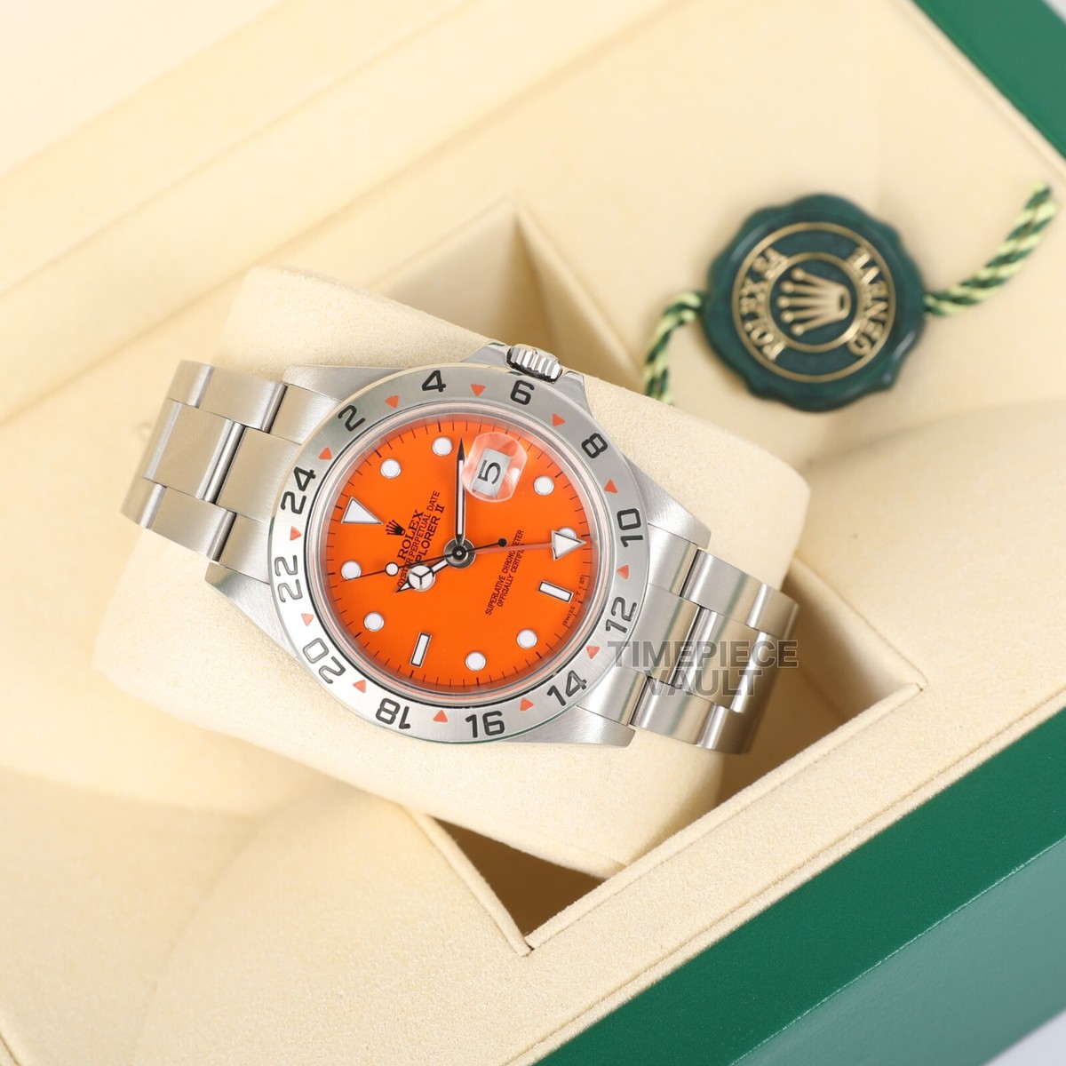 ROLEX MEN EXPLORER II 16570 GMT NO-HOLE DATE STEEL 40MM ORANGE
