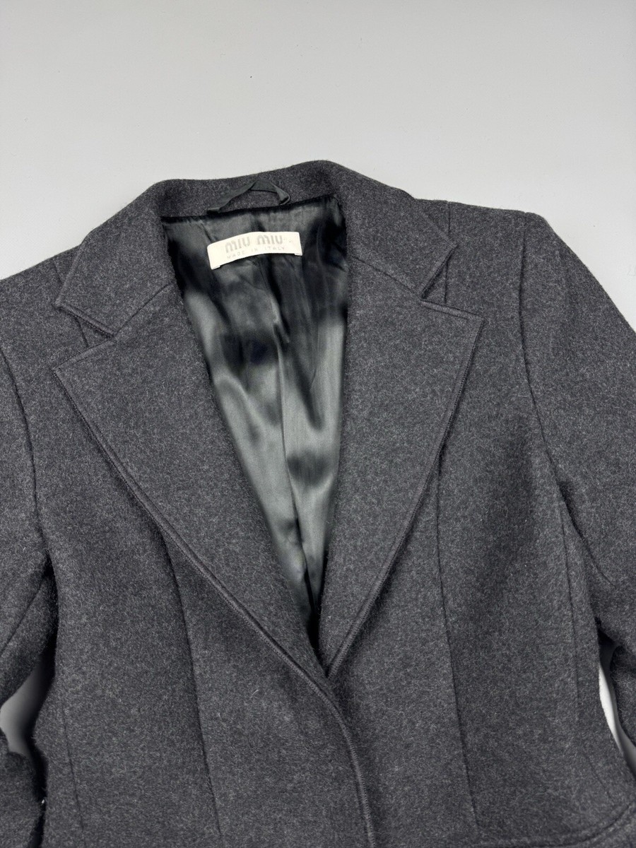 【送料&関税込】Miu Miu Dark Grey Wool Blazer Miu Miu Women's' Raw-Trims Wool Blazer in Grey | LN-CC®