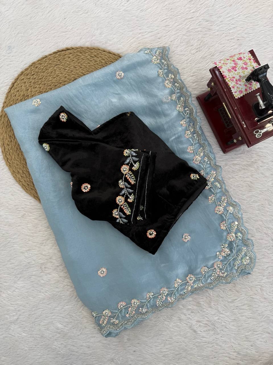 Attractive Look Fendy Silk Sky Blue Saree With Blouse For Function Wear thumbnail 4