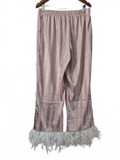 Ladies Pink Satin Striped Feather Hem Lounge Pj Pants Elastic Waist Pull On