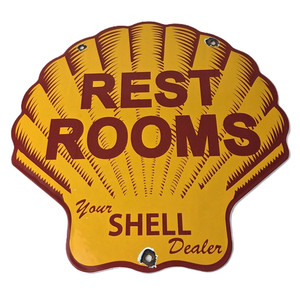 Vintage Shell Gasoline Sign - Rest Rooms Porcelain Gas Pump Plate Sign