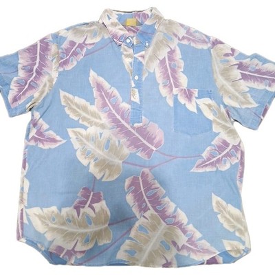Vintage Pasi Makers Hawaiian Shirt Mens M Blue Purple Leaf Tropical Button Front