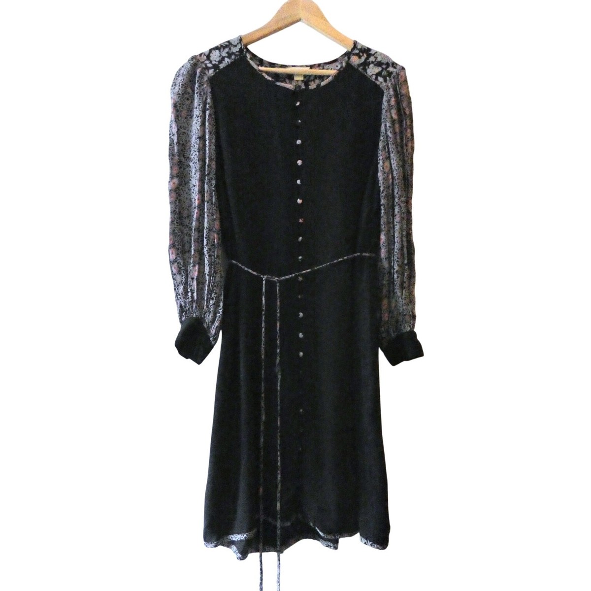 Monsoon Boho Midi Dress UK 16 Black Floral Bird Print Long Sleeve