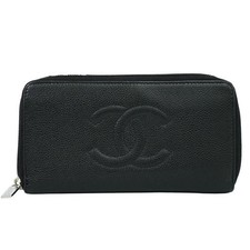 Cartera Chanel CC de cuero con cremallera redonda negra plateada