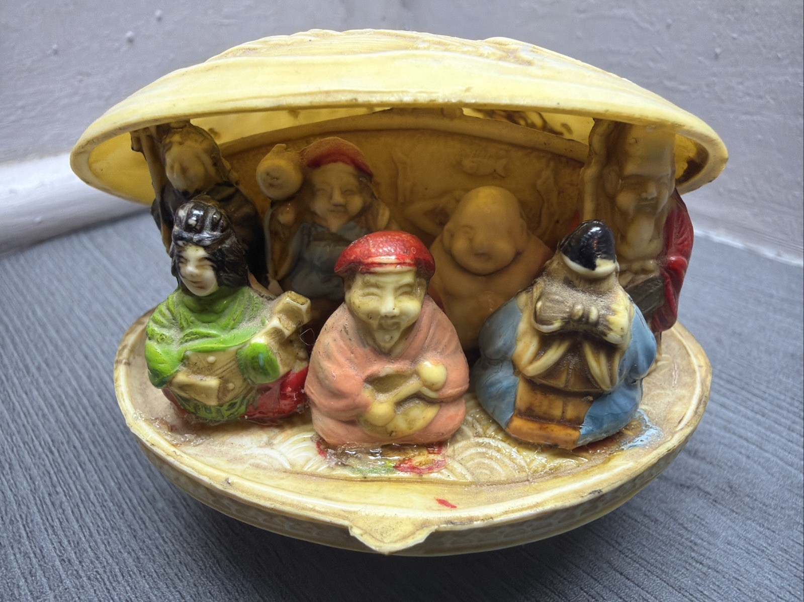 Vintage Japanese 7 Gods of Good Fortune Luck Celluloid Clamshell Diorama Japan