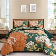 3 Piece Green Floral Quilt Set King Size - Boho Flower Bedspread Coverlet Set...