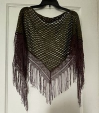 VTG Mesh Crochet Fringe Shawl Dark Green Burgundy Gold Accents Festival