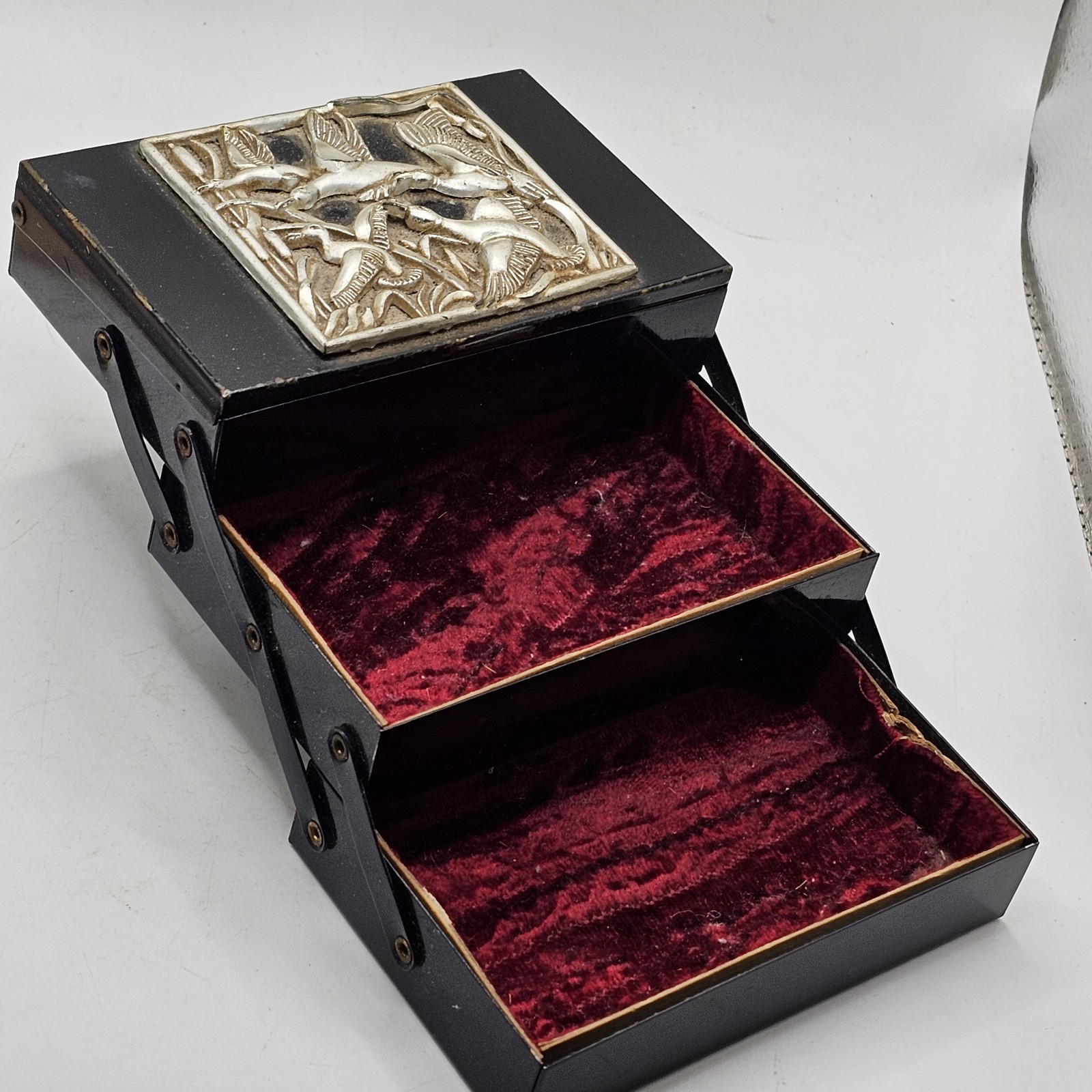 Vintage Black Metal Three-Tiered Jewelry Box with Flying Duck Bird Detailing