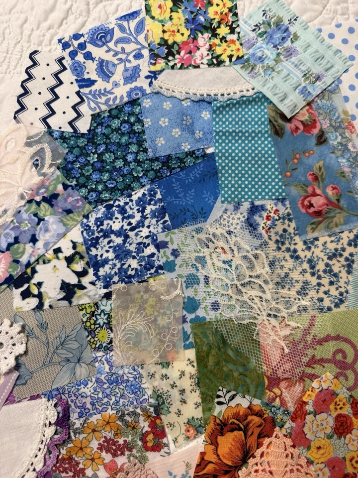 Colección de 90+ DELICIOSOS restos de tela vintage y nuevos, adornos, fragmentos Foto 2 de 4